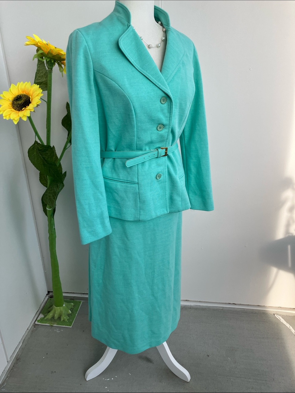 Vintage 60s 70s Sea Foam Green Three Piece Skirt Set w Belt
